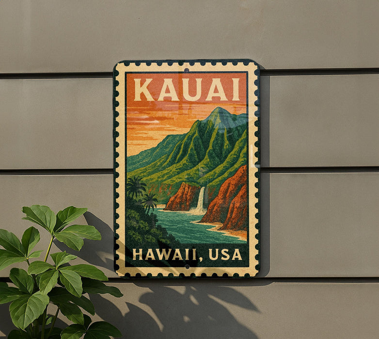 A vintage-style metal sign with a tropical mountain landscape and a waterfall, mounted on a wall.