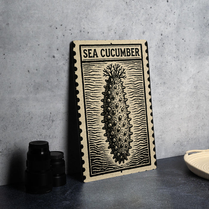 a framed artwork of a sea cucumber on a wall, with a stack of black camera lenses and a white plate nearby.