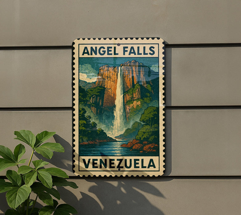 A vintage-style poster of Angel Falls, the world's highest uninterrupted waterfall, is displayed on a wall.
