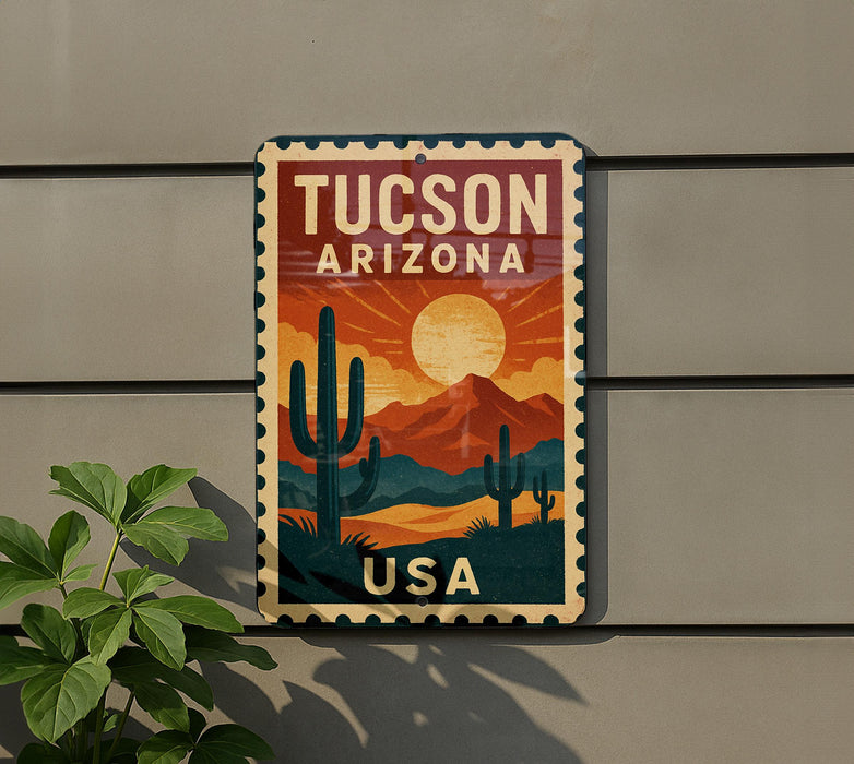 A vintage-style metal sign with the text "TUCSON ARIZONA USA" displayed on a wall, featuring a desert landscape with cacti and mountains.