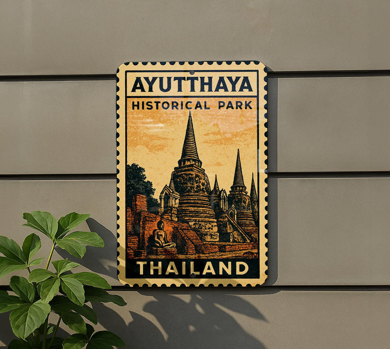 A vintage-style metal sign with the text "AYUTTHAYA HISTORICAL PARK THAILAND" and an illustration of a temple, mounted on a wall.