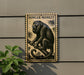 A wooden sign with a monkey illustration is mounted on a wall, next to a plant.
