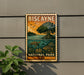A vintage-style metal sign for Biscayne National Park, featuring an illustration of a tropical landscape with a palm tree, sea turtle, and fish.