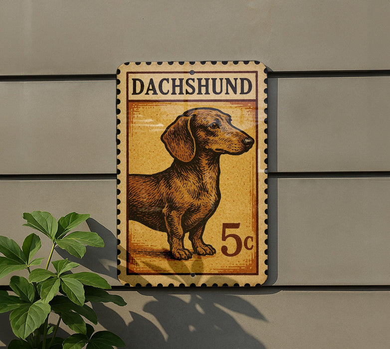 A sign featuring a dachshund dog, with the text "DACHSHUND" and the number "5c" printed on it.