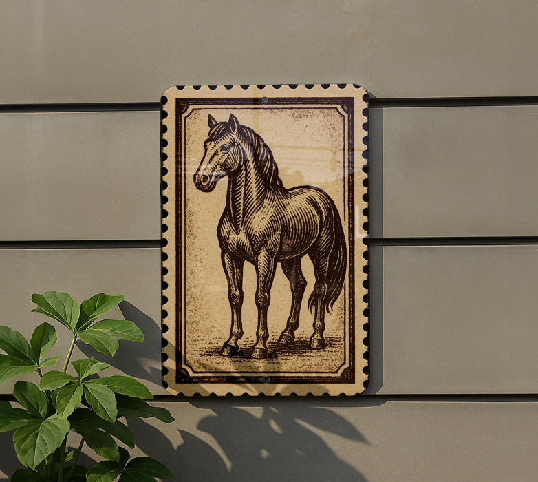 a framed illustration of a horse on a wall.