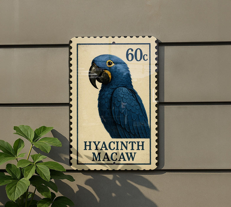 A postage stamp featuring a blue parrot, with the text "HYACINTH MACAW" printed on it.