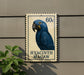 A postage stamp featuring a blue parrot, with the text "HYACINTH MACAW" printed on it.