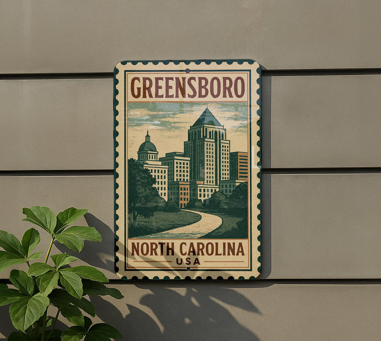 A metal sign with a vintage-style illustration of Greensboro, North Carolina, featuring a cityscape with tall buildings and a winding road.