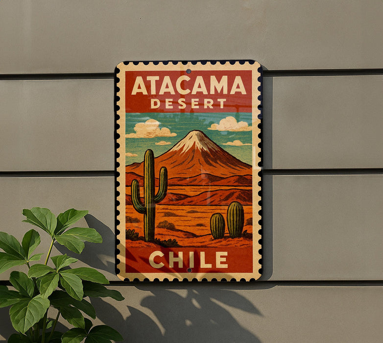 A vintage-style metal sign with a desert landscape and a cactus, mounted on a wall.