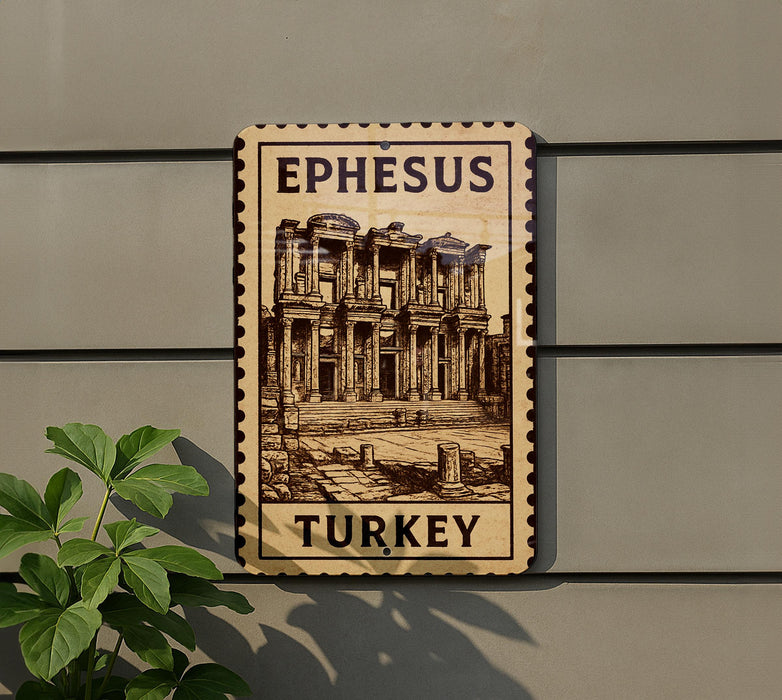 A wooden sign with the text "EPHESUS TURKEY" and an illustration of an ancient building, likely the Library of Celsus in Ephesus, Turkey.