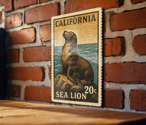 A California Sea Lion postage stamp is displayed on a brick wall, featuring a sea lion sitting on a rock.