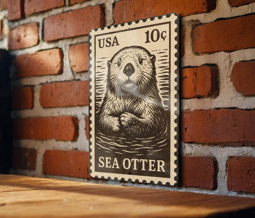A wooden surface with a framed image of a sea otter on it, mounted on a brick wall.