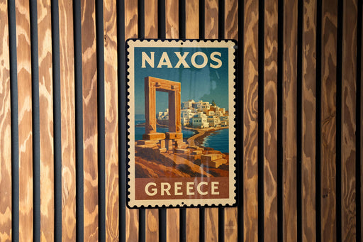 A vintage-style postage stamp from Greece featuring a coastal city with a temple or monument in the background.