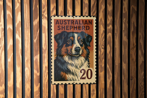 a stamp-like sign with an illustration of an Australian Shepherd dog, mounted on a wooden wall.