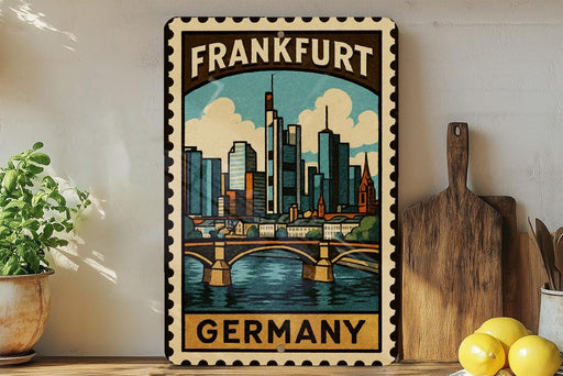 A framed vintage-style poster of the city of Frankfurt, Germany, featuring a bridge and skyline, is displayed on a wall next to a wooden cutting board and some potted plants.