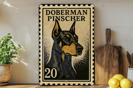 A metal sign featuring a black and tan illustration of a Doberman Pinscher dog, with the text "DOBERMAN PINSCHER" printed on it. The sign is placed on a wooden surface, with a potted plant and a wooden cutting board visible in the background.
