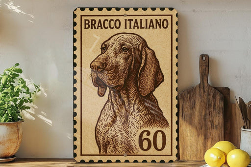 A framed image of a bracco Italiano dog, with the number 60 below the dog's head.