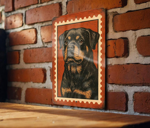a framed illustration of a dog, specifically a Rottweiler, mounted on a brick wall.