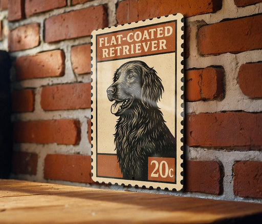 A vintage-style stamp featuring a black flat-coated retriever dog, with the text "FLAT-COATED RETRIEVER" and a price of "20c".
