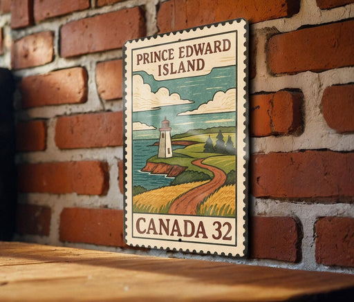 A vintage-style postage stamp depicting Prince Edward Island, Canada, with a lighthouse and a coastal landscape.