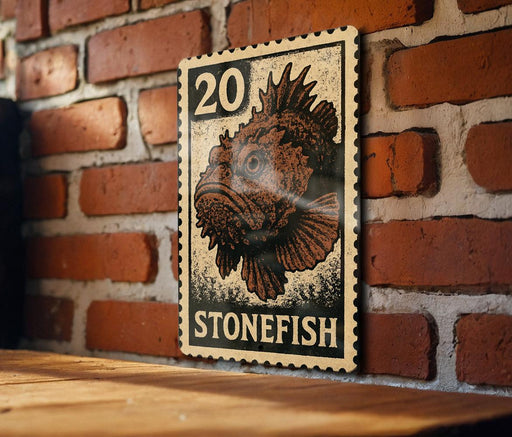 A wooden table with a brick wall in the background, featuring a framed image of a stonefish on the wall.