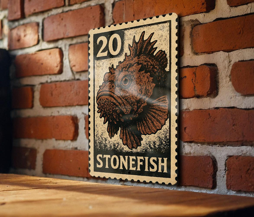 A wooden table with a brick wall in the background, featuring a framed image of a stonefish on the wall.