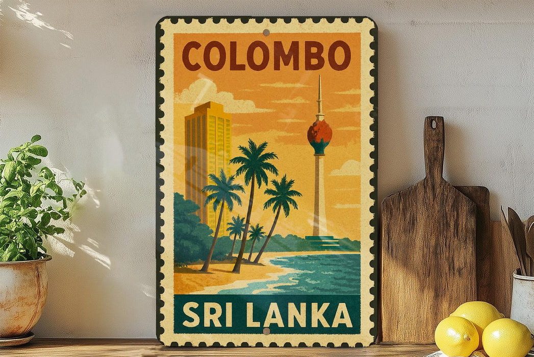 A vintage-style stamp depicting a tropical beach scene with palm trees, a tower, and a body of water, with the text "COLOMBO SRI LANKA" printed on it.