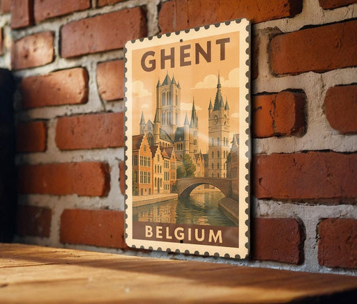 A vintage-style poster of the city of Ghent, Belgium, featuring a castle and a bridge, is displayed on a brick wall.