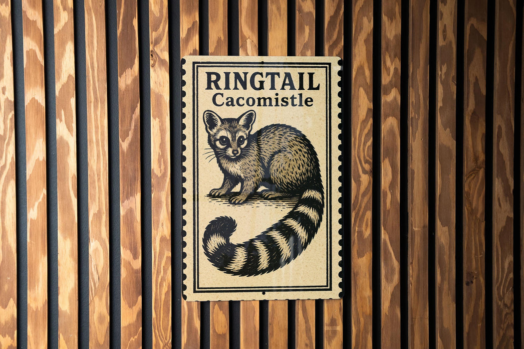 A sign for the Ringtail Cacomistle, featuring a raccoon-like animal illustration.