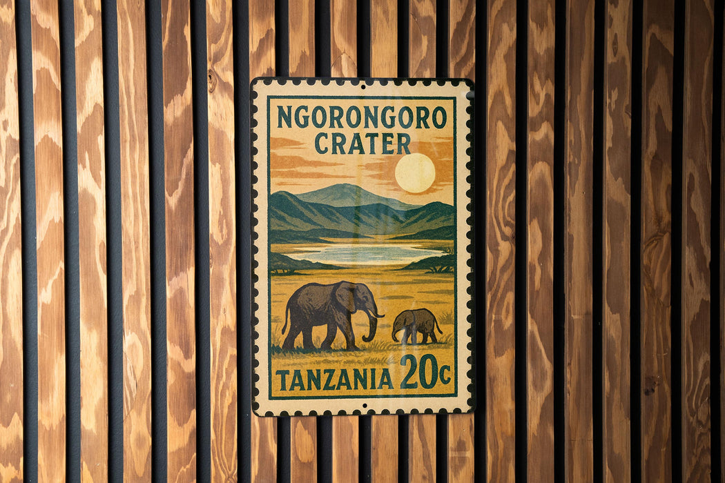 A vintage postage stamp from Tanzania, featuring an illustration of elephants in a grassy field with mountains in the background.