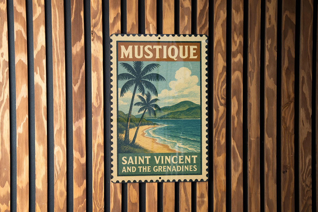 A vintage-style poster of Saint Vincent and the Grenadines, featuring palm trees and a beach scene, is displayed on a wooden wall.