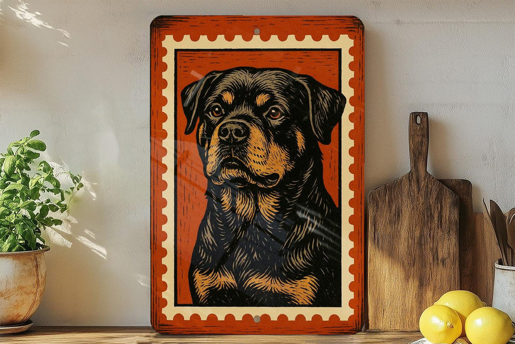 a framed illustration of a Rottweiler dog, which is a large black and tan breed of dog. The dog is depicted in a close-up portrait, with a detailed and realistic illustration. The framed artwork is placed on a shelf, surrounded by various kitchen utensils and items, such as a wooden cutting board, a knife, and a bowl.