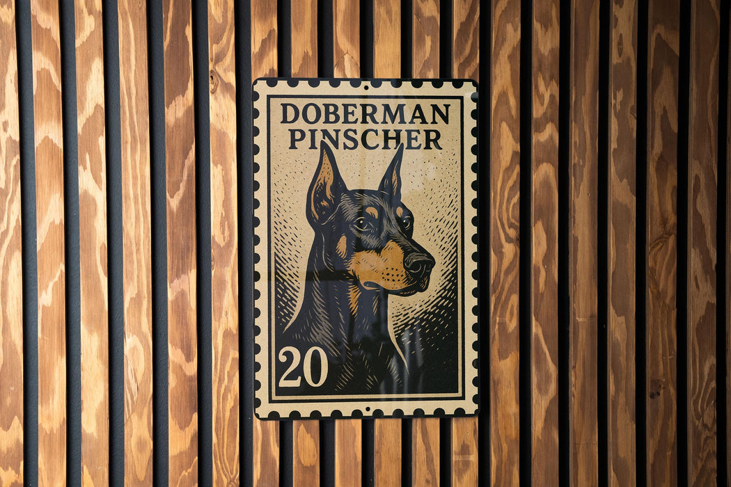 A metal stamp featuring a Doberman Pinscher dog, with the number 20 printed below the dog's head.