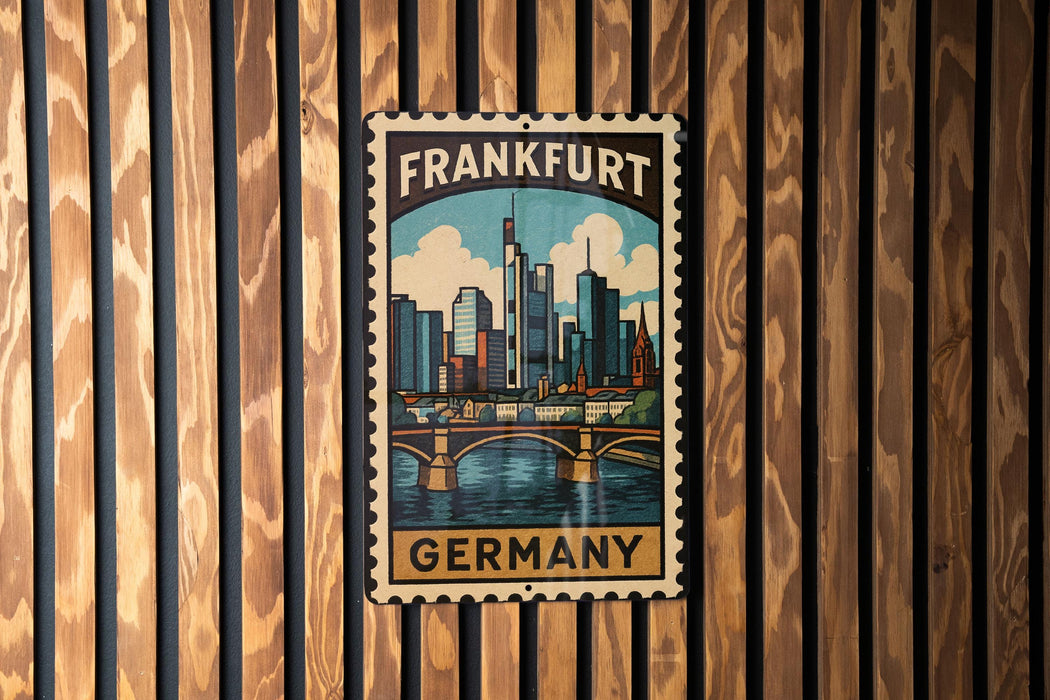 A vintage-style metal stamp depicting the city of Frankfurt, Germany, with a bridge and skyline in the background.