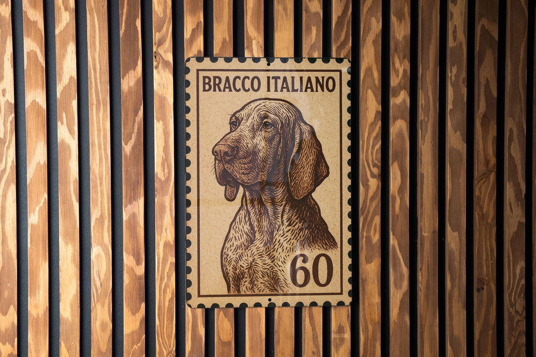 A stamp featuring a dog's portrait, with the text "BRACCO ITALIANO" and the number "60" printed on it, is displayed on a wooden surface.