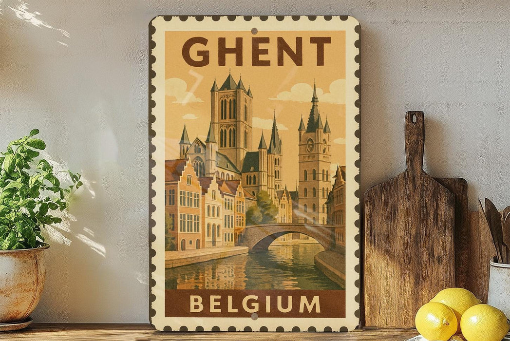 A vintage-style postage stamp from Belgium featuring a cityscape with a river and a bridge, placed on a wooden surface next to a wooden cutting board and a potted plant.