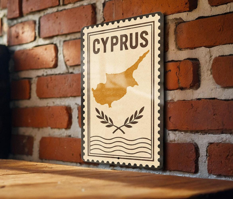 a sign with the word "CYPRUS" on it, mounted on a brick wall.