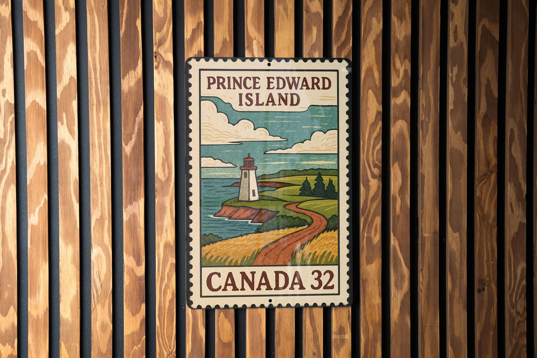 A vintage-style postage stamp from Prince Edward Island, Canada, featuring a lighthouse and a coastal landscape.