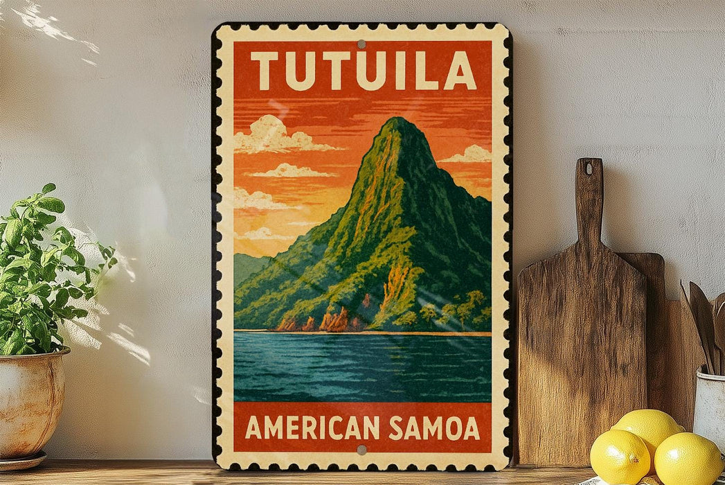 A vintage-style travel poster for Tutuila, an island in the American Samoa, featuring a mountain landscape with a body of water in the background.