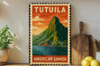 A vintage-style travel poster for Tutuila, an island in the American Samoa, featuring a mountain landscape with a body of water in the background.