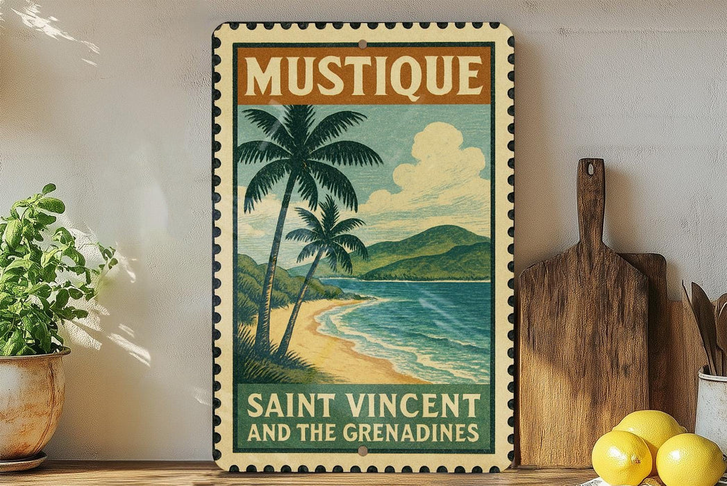 A vintage-style poster of a tropical beach scene with palm trees, a sandy beach, and a body of water, along with the text "MUSTIQUE SAINT VINCENT AND THE Grenadines".