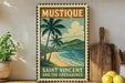 A vintage-style poster of a tropical beach scene with palm trees, a sandy beach, and a body of water, along with the text "MUSTIQUE SAINT VINCENT AND THE Grenadines".