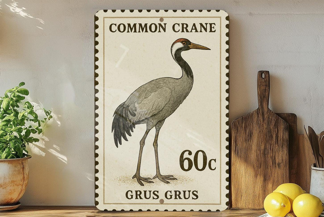 a postage stamp with a drawing of a crane, along with the text "Common Crane" and "60c Grus Grus".
