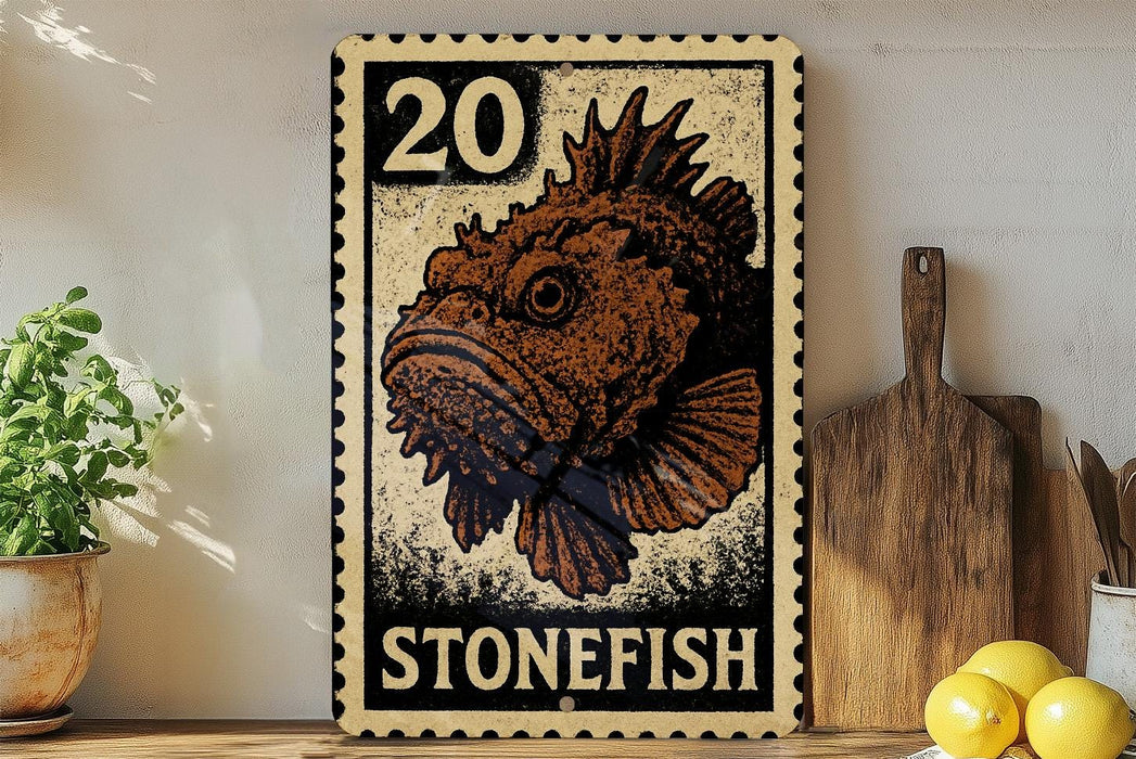 A framed image of a stonefish is displayed on a wall, with a wooden cutting board and a potted plant to the side.