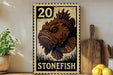 A framed image of a stonefish is displayed on a wall, with a wooden cutting board and a potted plant to the side.