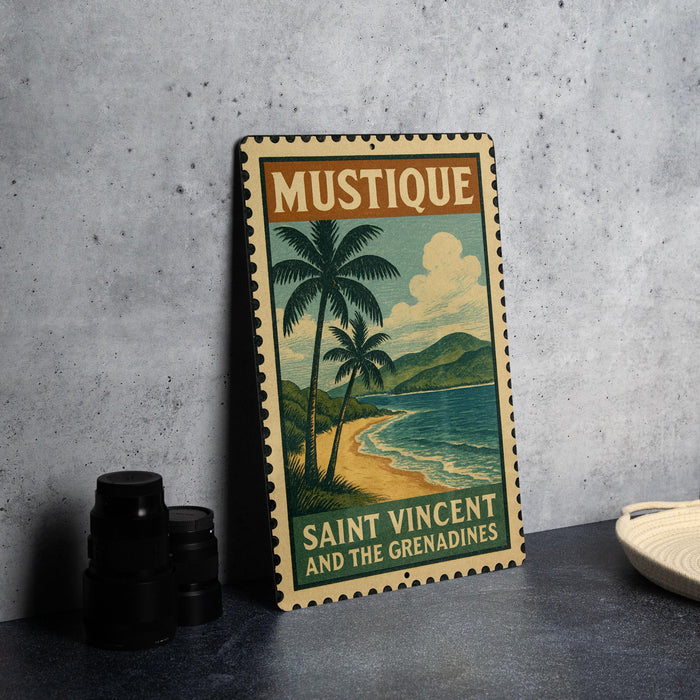A vintage-style metal sign with a tropical beach scene and palm trees, advertising the island of Saint Vincent and the Grenadines.