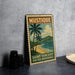 A vintage-style metal sign with a tropical beach scene and palm trees, advertising the island of Saint Vincent and the Grenadines.