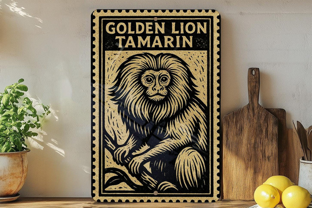 a framed poster of a golden lion, a type of primate, on a wall.