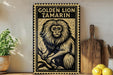 a framed poster of a golden lion, a type of primate, on a wall.