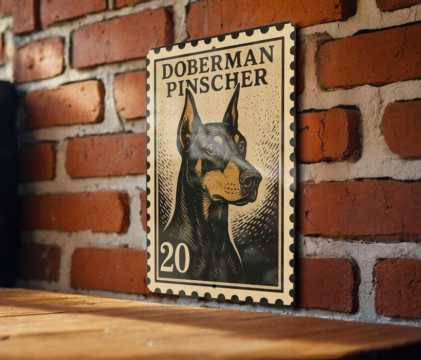 A wooden table with a framed image of a Doberman Pinscher dog on it, mounted on a brick wall.